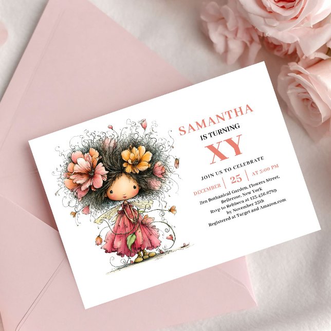 Glad Älvflicka 5-års födelsedagsinbjudan Rosa skär Inbjudningar (Joyful Fairy Girl 5th Birthday Blush Pink invitation)