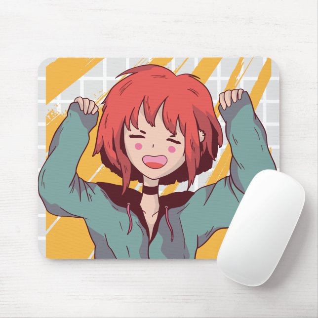 Glad Anime Flicka Rutnät Musmatta (Med mus)