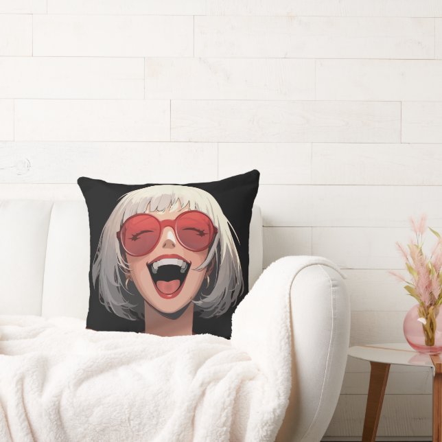 Glad Animeflicka: Grått Hår, Röda Glasögon, Röd Ro Kudde (Soffa)