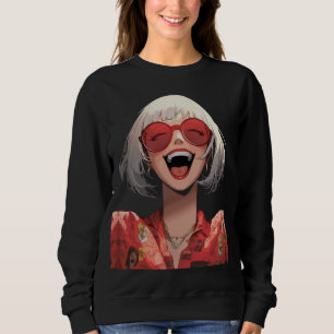 Glad Animeflicka: Grått Hår, Röda Glasögon, Röd Ro T Shirt