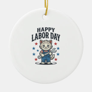Glad arbetsdagen katt arbetare patriotisk vintage julgransprydnad keramik