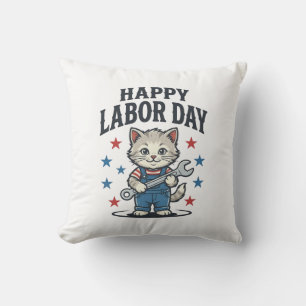 Glad arbetsdagen katt arbetare patriotisk vintage kudde