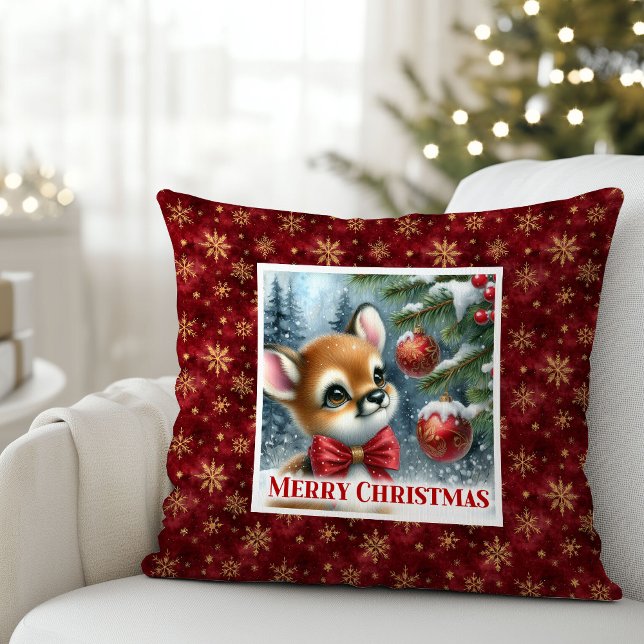 Glad Babyhjort Snöig Skog Barnpresent Jul  Kudde (Joyful Baby Deer Snowy Forest Kids Gift Christmas Pillow

)
