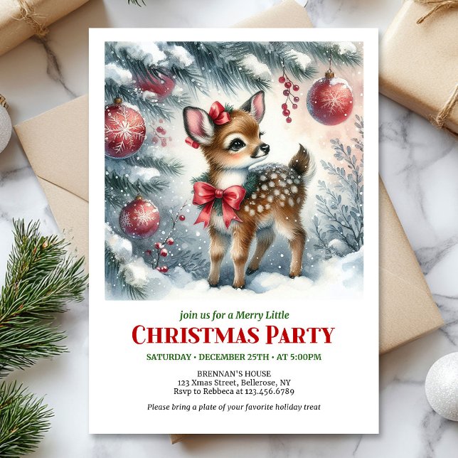 Glad babyrådjur vattenfärg jul inbjudan för barn  (baby deer Christmas invite,
snowy forest Christmas card,
watercolor Christmas invitation,
red green )