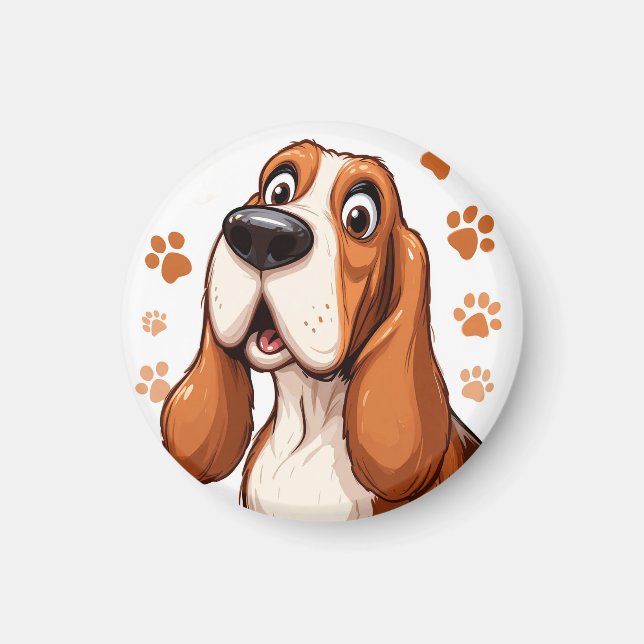Glad Basset Hund med Orange Tassavtryck Magnet (Framsidan)