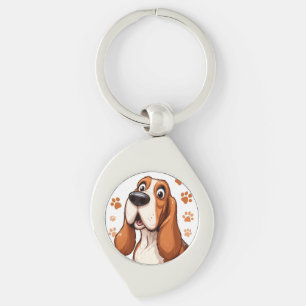Glad Basset Hund med Orange Tassavtryck Swirl Silverfärgad Nyckelring
