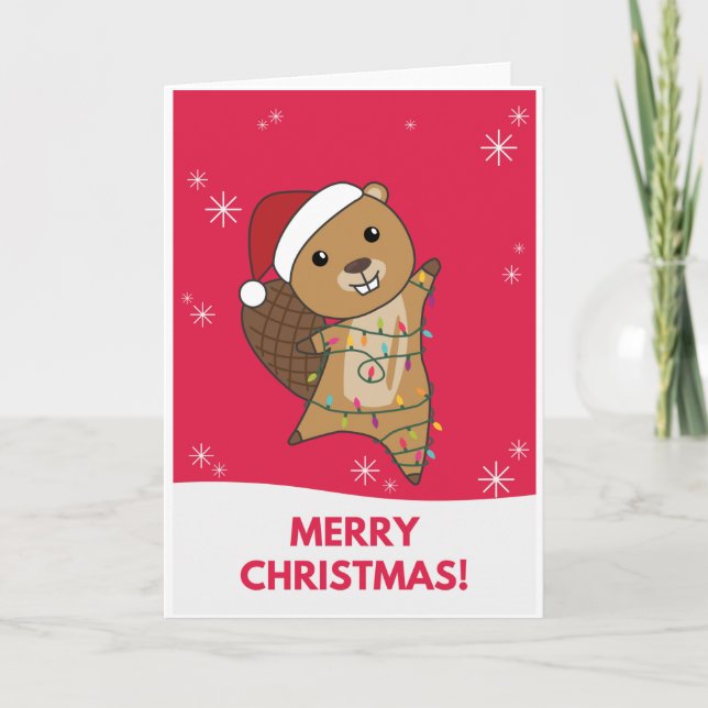 Glad bäver jul vinter djur bävrar helgkort (Framsida)