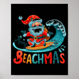Glad Beachmas Santa Surfing Retro Design Poster