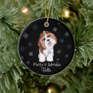 Glad & Bedårande Shih Tzu Med Snöflinga Hundnamn Julgransprydnad Keramik