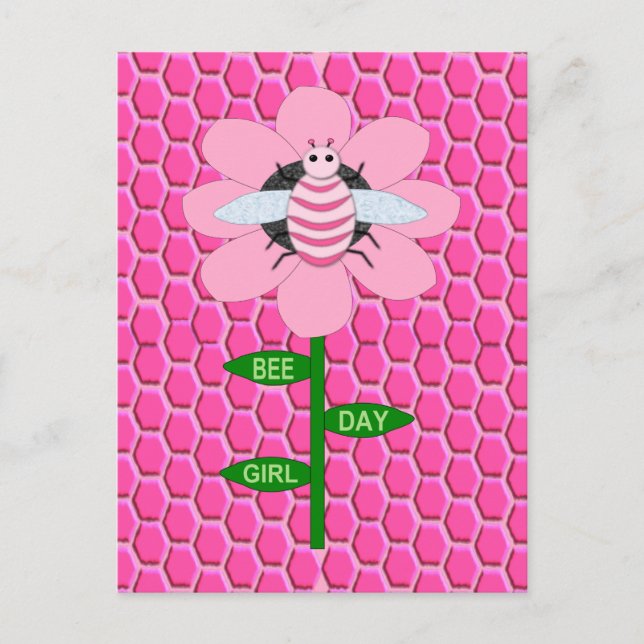 Glad Biddag Flicka Rosa Födelsedags Humla Vykort (Framsida)