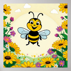 Glad Bina I Färgrika Blommor Poster