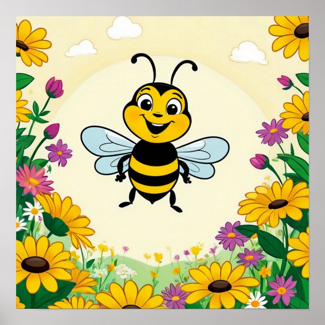 Glad Bina I Färgrika Blommor  Poster (Framsidan)