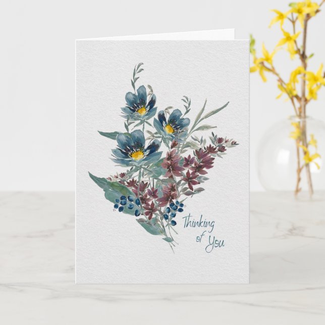 Glad Blå Anemon Tänker På Dig Akvarell Kort (Gul blomma)