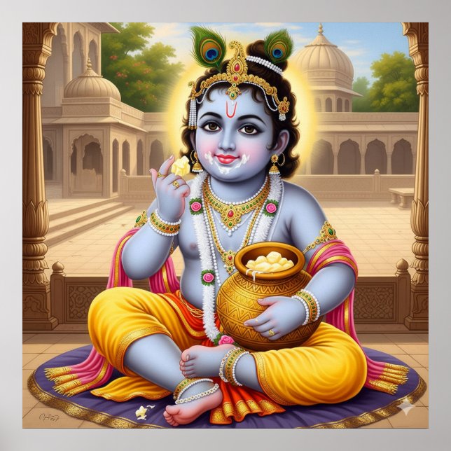 Glad Blå Klassisk Bala Krishna Krukkonst Design Poster (Framsidan)