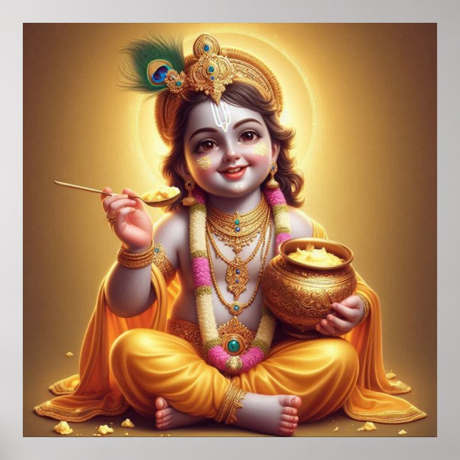 Glad Blå Klassisk Krishna Makhan Krukdesign Poster (Framsidan)