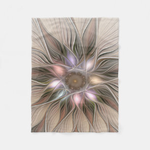 Glad blomma abstrakt beige brun blomsterfraktal fleecefilt