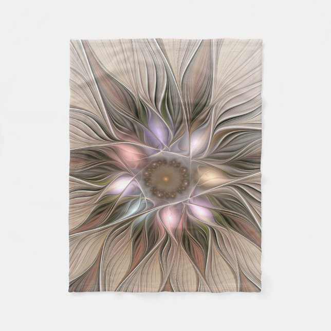 Glad blomma abstrakt beige brun blomsterfraktal fleecefilt (Framsidan)