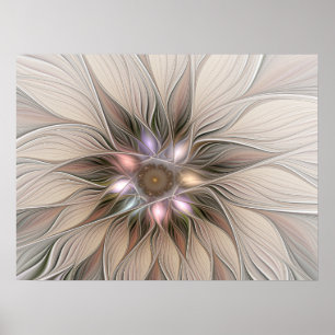 Glad blomma abstrakt beige brun blomsterfraktal poster