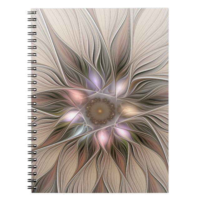 Glad blomster abstrakt beige brun blomster fraktal anteckningsbok (Framsidan)
