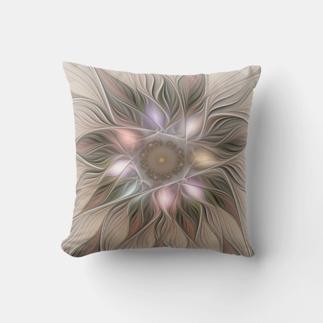 Glad blomster abstrakt beige brun blomster fraktal kudde (Framsida)