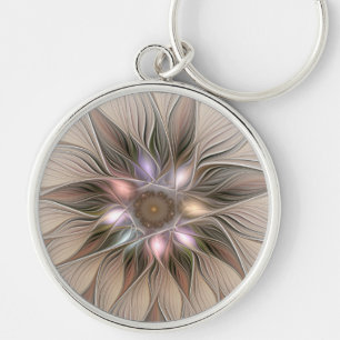 Glad blomster abstrakt beige brun blomster fraktal rund silverfärgad nyckelring
