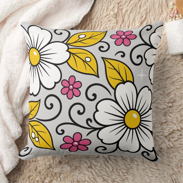 Glad blomsterdesign med djärva konturer kudde (Filt)