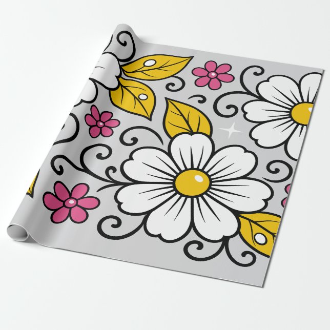 Glad blomsterdesign med djärva konturer presentpapper (Utrullad)