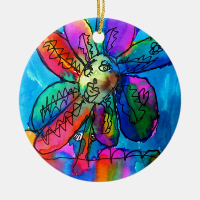 Glad blomstig barnkonst rosa och blå penna och blä julgransprydnad keramik (Framsidan)