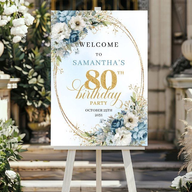 Glad Boho dammig blå guld 80-års välkomsthälsning Poster (Happy Boho dusty blue gold 80th birthday welcome)