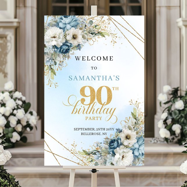 Glad Boho dammig blå guld 90-års välkomstskylt Poster (Joyful Boho dusty blue gold 90th birthday welcome)