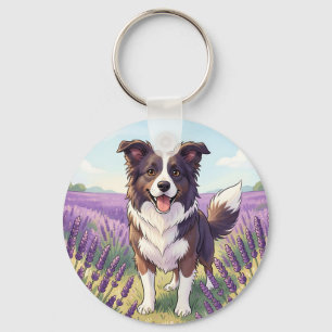 Glad Border Collie på Lavendelfält Nyckelring