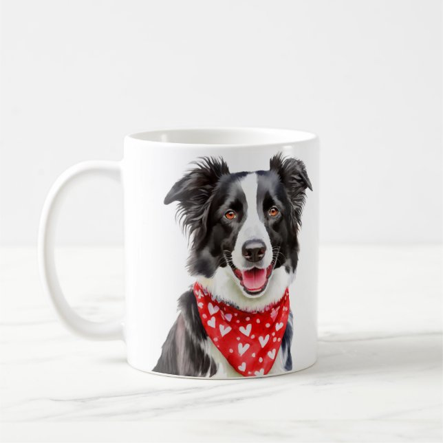 Glad Border Collie Röd Hjärtan Bandana  Kaffemugg (Vänster)