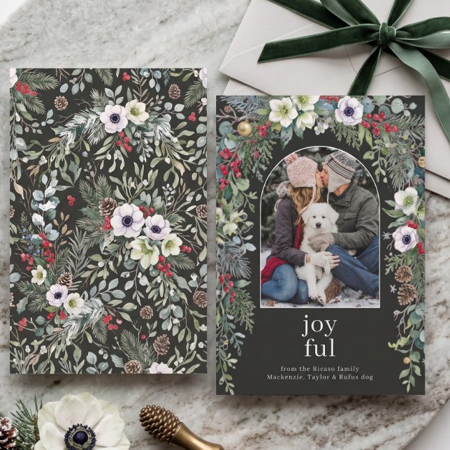 Glad botanisk jul Personlig arkivfotografi Julkort (Joyful Botanical Christmas Personalized Arch Photo Holiday Card by Ricaso. Add photograph & text)