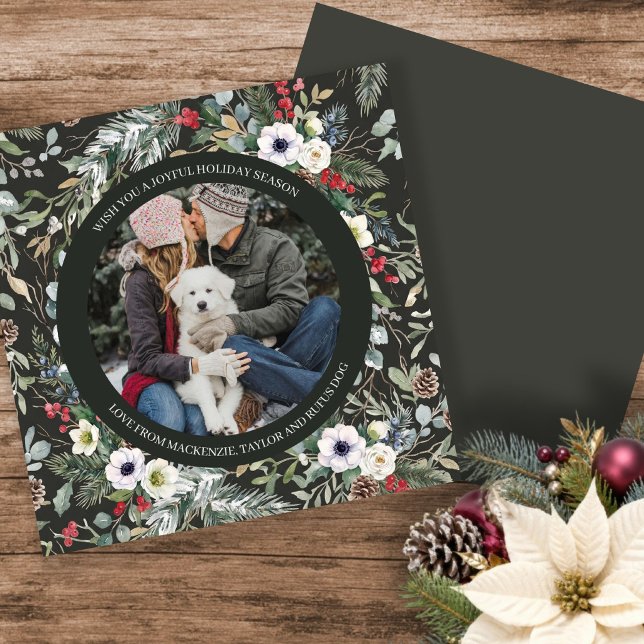 Glad botanisk jul Personlig foto Julkort (Joyful Botanical Christmas Personalized Photo Holiday Card by Ricaso Upload your photograph add text)