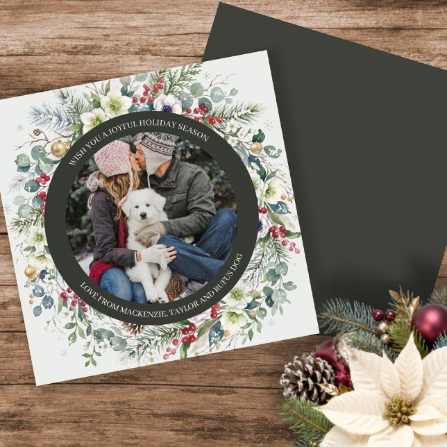Glad botanisk jul Personlig foto Julkort (Joyful Botanical Christmas Personalized Photo Holiday Card by Ricaso Upload your photograph add text)