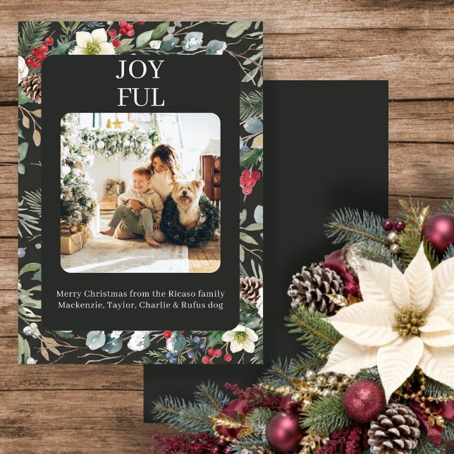 Glad botanisk jul Personlig foto Julkort (Joyful Botanical Christmas Personalized Photo Holiday Cards by Ricaso. View full collection)