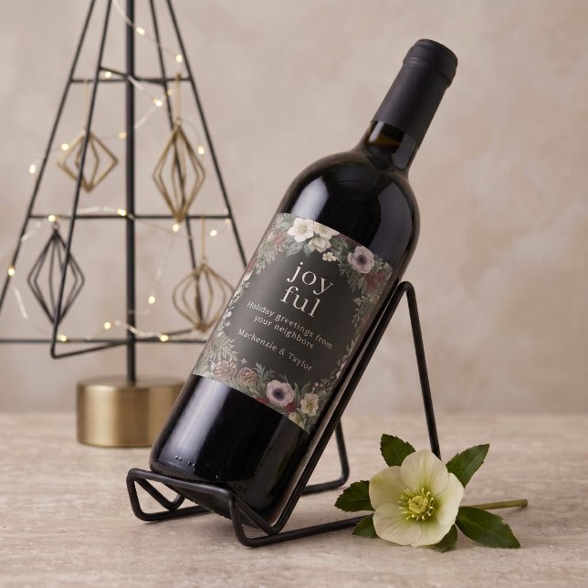 Glad botanisk jul Personlig Vinflaska Etikett (Joyful Botanical Christmas Personalized Wine Labels by Ricaso - add a personal touch to your holiday)