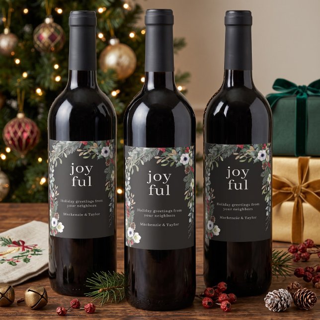 Glad botanisk jul Personlig Vinflaska Etikett (Joyful Botanical Christmas Personalized Wine Label by Ricaso. Add your own message  -Corporate use)