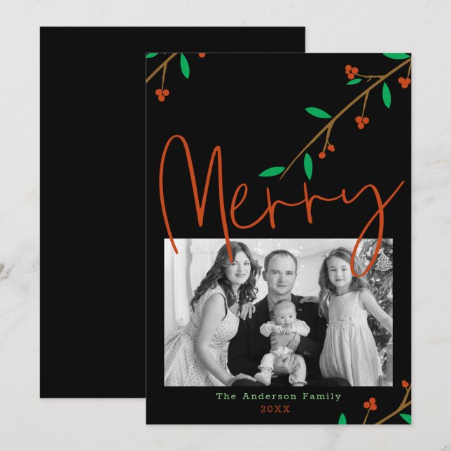 Glad botanisk svart bärgren julfest inbjudningar (Fram/baksida)