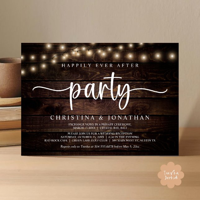 Glad bröllopsfest med rustika strängljus inbjudningar (Happily Ever After Party, Rustic String Lights Wed Invitation Card, Dark Brown Wood Background)