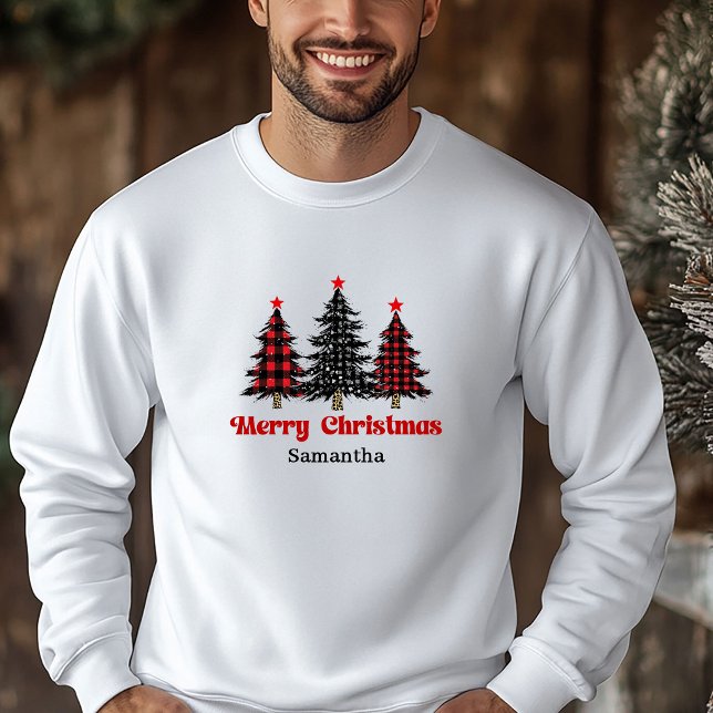 Glad Buffalo-rutig Julträd Hoodie Julklappsidé (Happy Buffalo Plaid Tree Holiday Hoodie Gift Idea)