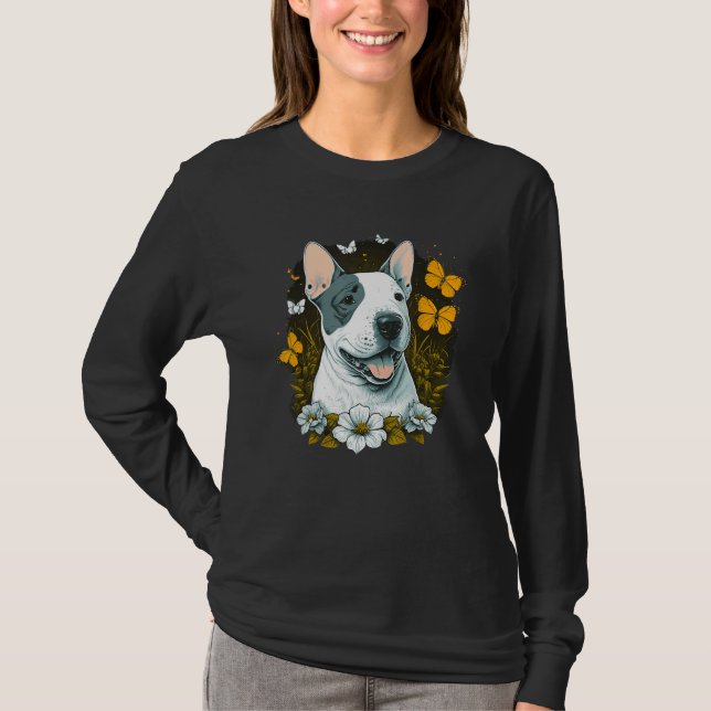 Glad Bull Terrier med blommor och fjärilar T Shirt (Framsida)