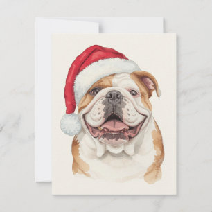 Glad Bulldog Vattenfärgsklöver Santa Hatt Konst Julkort