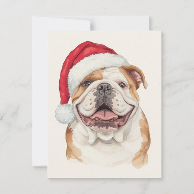 Glad Bulldog Vattenfärgsklöver Santa Hatt Konst Julkort (Framsida)