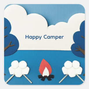 Glad Campare Anpassad Text med Eld och Marshmallow Fyrkantigt Klistermärke