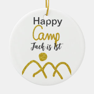 Glad camping camper en födelsedag barn gyllene sol julgransprydnad keramik