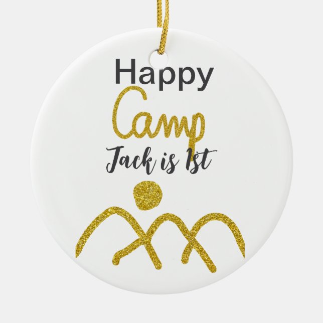 Glad camping camper en födelsedag barn gyllene sol julgransprydnad keramik (Framsidan)