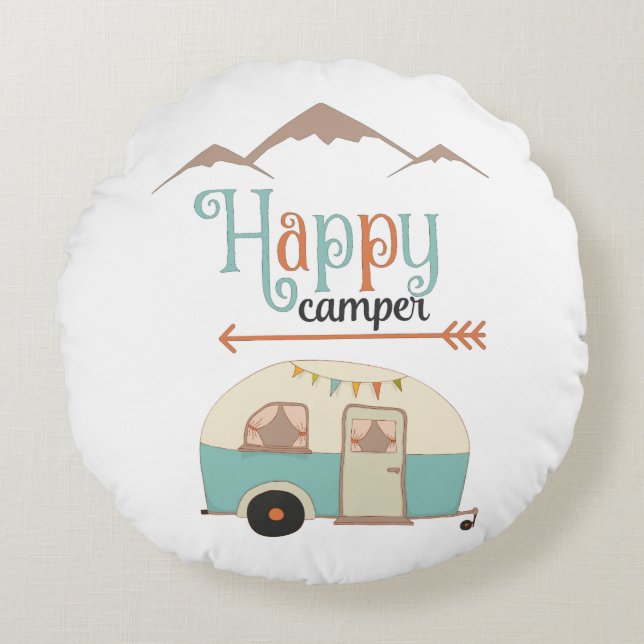 GLAD CAMPING Cute Retro Husvagn Rund Kudde (Framsidan)