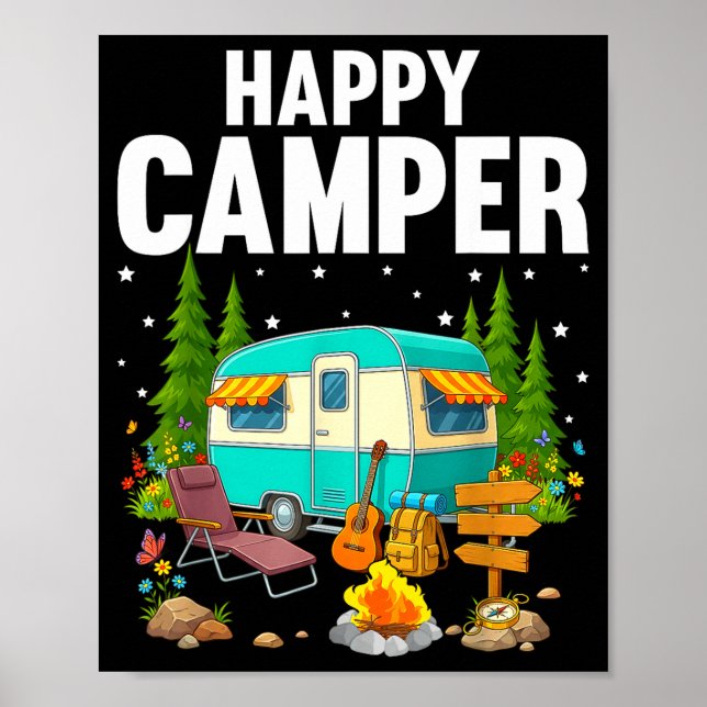 Glad campingtält träd stjärnor och campingsläp  poster (Framsidan)
