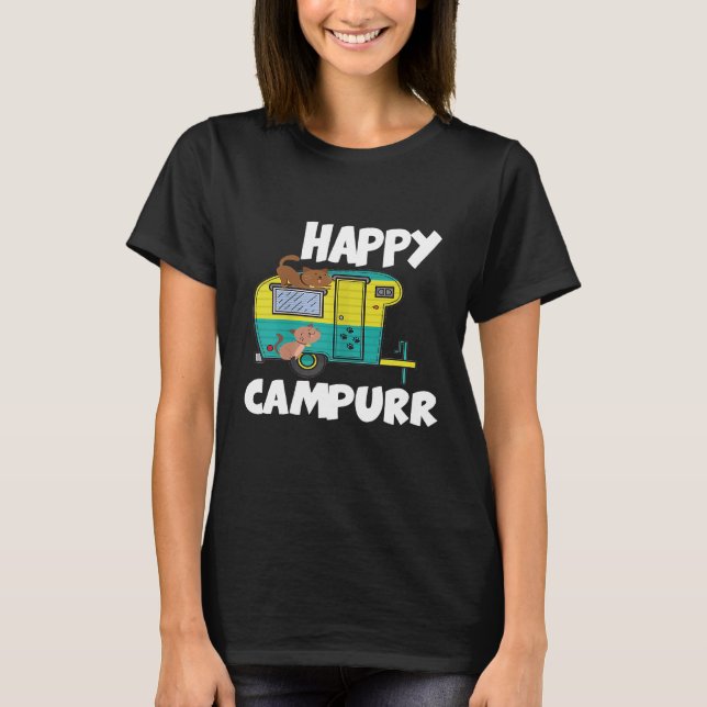 Glad Campurr Söt Camping Katt T Shirt (Framsida)